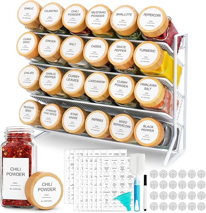 AISIPRIN Spice Rack with Spice Jars 398 Labels,4oz 24 Pcs Spices Jar with Bamboo Airtight Lids,Spices Container Set Seasoning Organizer for Countertop, Cabinet, Kitchen, Pantry, Cupboard