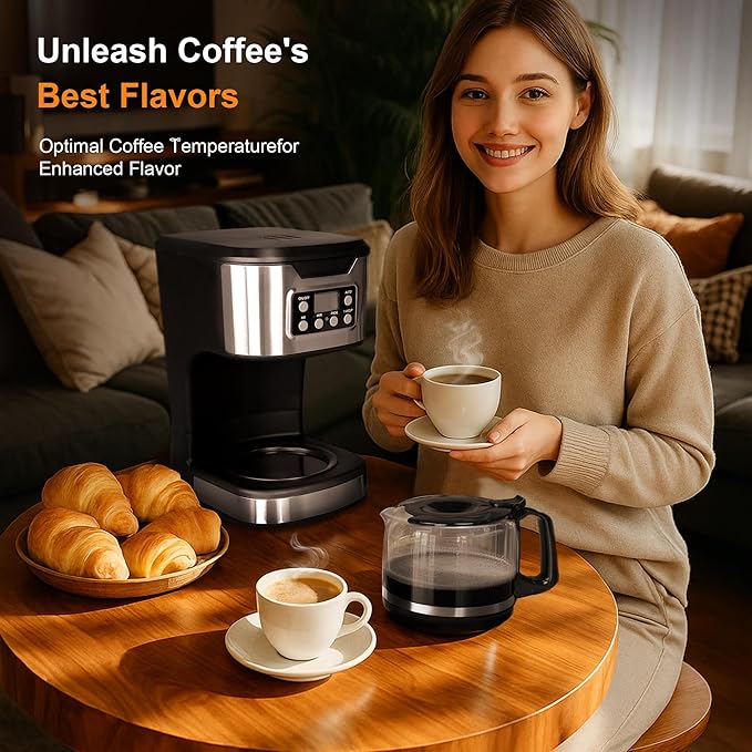 Programmable Coffee Maker 12 Cup Brew & Drip coffee machine, Fully Automatic, 1-4 Cup Setting, Stainless Steel,Keep- Warm Function, Household, Home and Office,Black