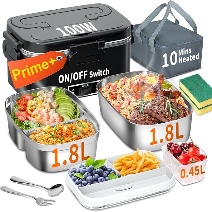 IFENROL Electric Heated Lunch Box for Adults, 100W 3-IN-1 2 Pack 1.8L Containers Heating Lunch Box for Men Portable Double Layer, Fast Heated Food Warmer,12V/24V/110V for Car Truck Office Home