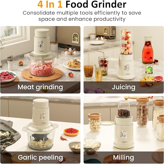 Sunvivi 250W Electric Food Chopper, 4 in 1 Food Grinder for Grinding Meat, Peeling Garlic & Juicing, Variable Speed Blender and Food Processor Combo with 1.5L Glass Bowl & 2 Cups (0.4L+0.2L), Beige