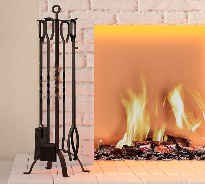 Fire Beauty 5 Pieces Fireplace Tools Sets Fireplace Accessories Tools Holder with Handles Tools for Indoor Fireplace Decor Outdoor Fire Pit Modern Tool(Black)