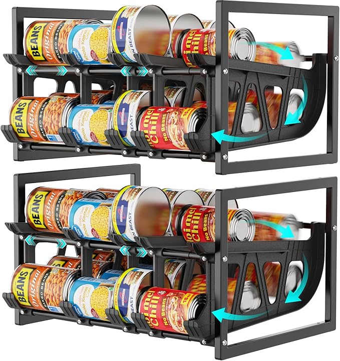 iSPECLE Expandable Can Storage Organizer Pantry, 2 Pack Large Capacity 80 Cans Pantry Organizers and Storage, Auto Rolling Dispenser & Stackable Holder for Deep Pantry Shelves, Black