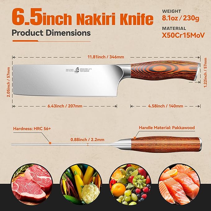 TUO Nakiri Knife 6.5" Japanese Vegetable Cleaver, Chef Knife for Kitchen Vegetable Chopping, German High Carbon Stainless Steel, Ergo Pakkawood Handle