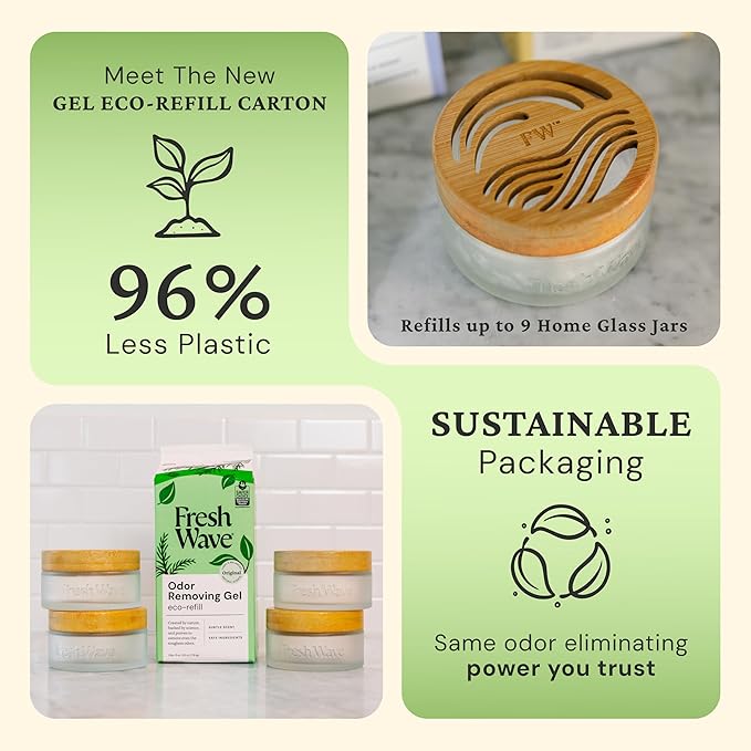 Fresh Wave Odor Removing Gel Eco-Refill, 63 oz. Original Scent | 4 Empty Refillable Glass Jars | 4 Room Set
