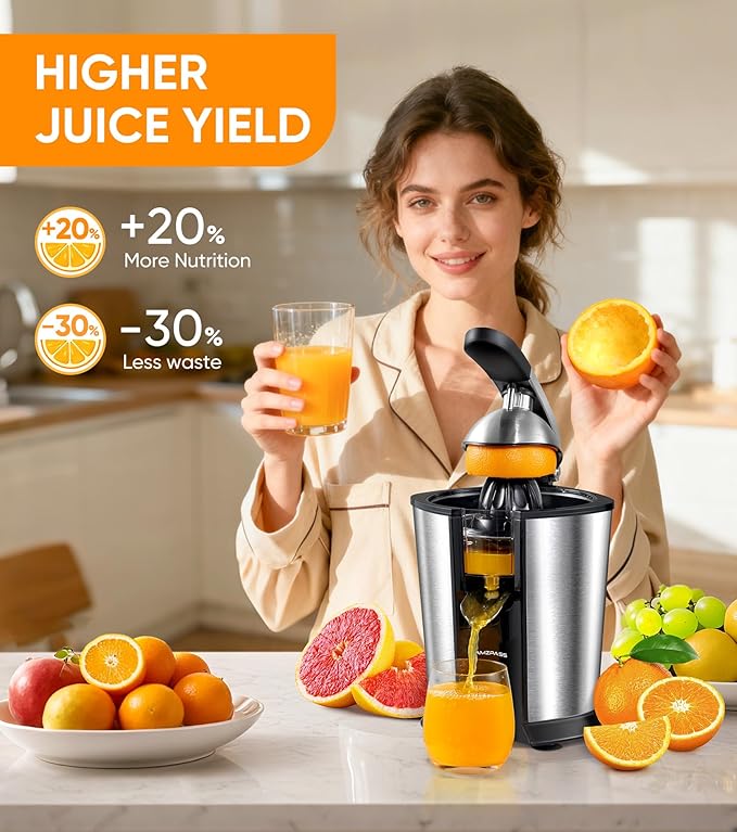Electric Orange Juicer, Citrus Juicer Squeezer with 2 Cones and Soft Grip Handle for Effortless Juicing, Stainless Steel Quiet Orange Juice Extractor Machines for Lime Grapefruit Lemon