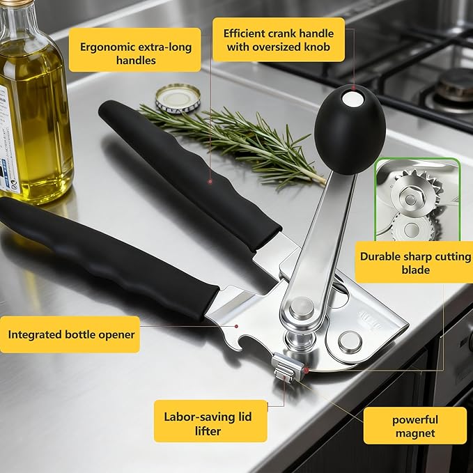 Commercial Heavy Duty Manual Can Opener for Seniors & Arthritis, Stainless Steel with Magnetic Lid Lifter, Smooth Edge Safe Cut, Open for Large Cans, Kitchen & Camping & Commercial with Bottle Opener