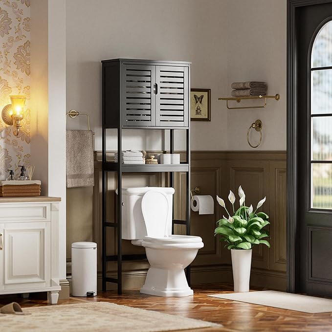 SMIBUY Bathroom Over The Toilet Storage Cabinet, 2 Door Bamboo Cabinet Organizer, Freestanding Space Saver Toilet Rack with Adjustable Inside Shelf and Open Shelf (Black)