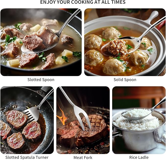 304 Stainless Steel Kitchen Cooking Utensils Set - 9 PCS Serving Utensils, Include Skimmer, Soup Ladle, Spaghetti Server, Wok Spatula, Slotted & Solid Spoon, Slotted Spatula Turner, Meat Fork (Silver）