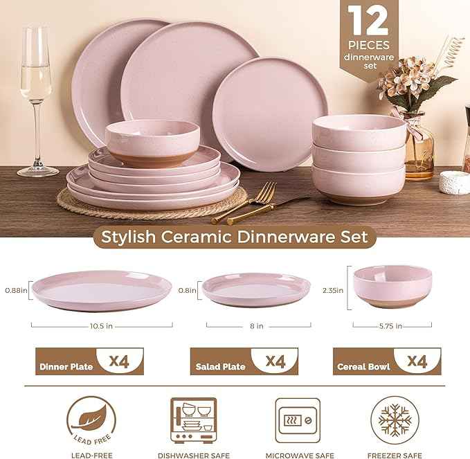 AmorArc Ceramic Dinnerware Sets for 4, 12 Pieces Handpainted Plates and Bowls Set with Rustic Terracotta Underside, Scratch Resistant Stoneware Dishes Set, Dishwasher & Microwave Safe, Cloud Pink