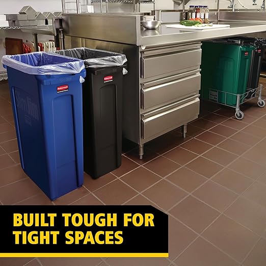 Rubbermaid Commercial Products Slim Jim Plastic Rectangular Trash/Garbage Can With Venting Channels, 23 Gal, Black, for Kitchen/Office/Workspace