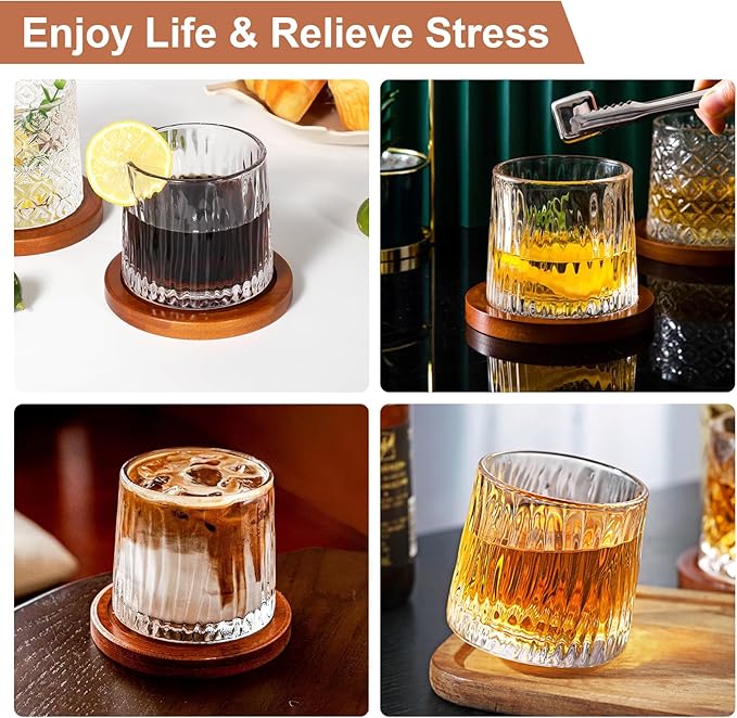 Rotatable Old Fashioned Glass Cup, 10oz/275ml Crystal Whiskey Glass, Wood Coaster, Thickening, Used as Rum Glass, Cocktail Cup, Coffee, Milk to Relax and Reduce Stress, Ideal Gift, Christmas gifts