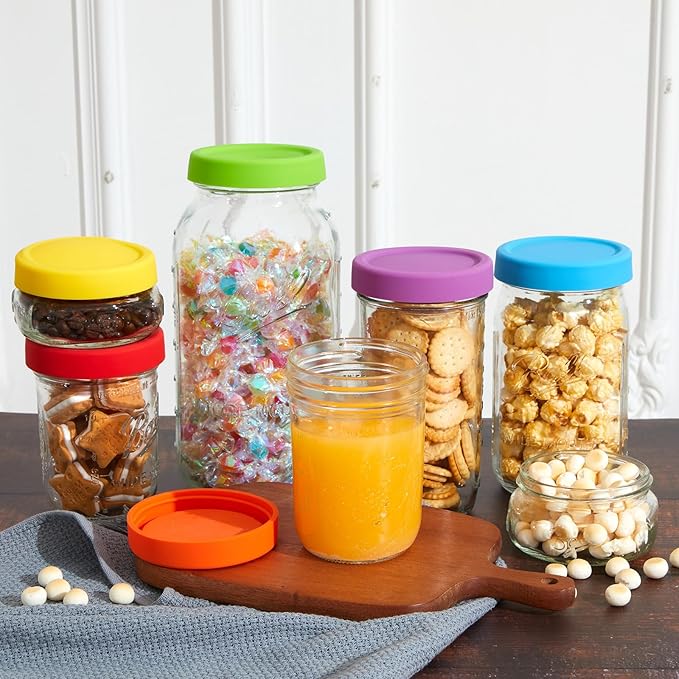 Teenyyou 12 Pcs Silicone Regular Mouth Lids Mason Jar Lids Thickened Leak Proof Lid for 70 mm All regular mouth Mason Jars, Reusable Large Canning Jar Caps(Red Orange Yellow Green Blue Purple)