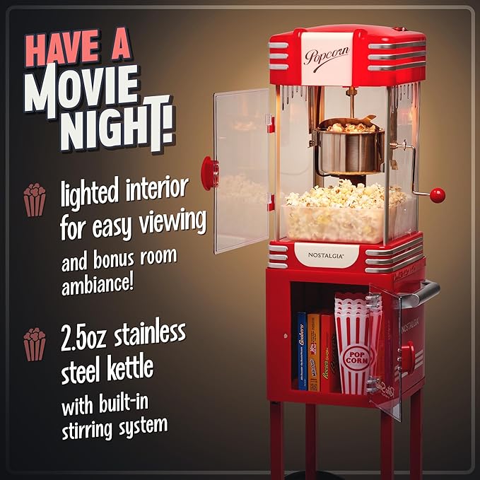 Nostalgia Popcorn Maker Machine - Professional Cart With 2.5 Oz Kettle Makes Up to 10 Cups - Vintage Popcorn Machine Movie Theater Style - Retro Red