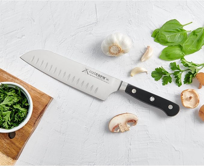 Cutlery-Pro Cat Cora Forged Granton Santoku Knife, Professional 7-Inch German Steel Blade For Slicing Meat Without Sticking, Ergonomic Triple-Rivet Handle, NSF-Certified Kitchen Knife