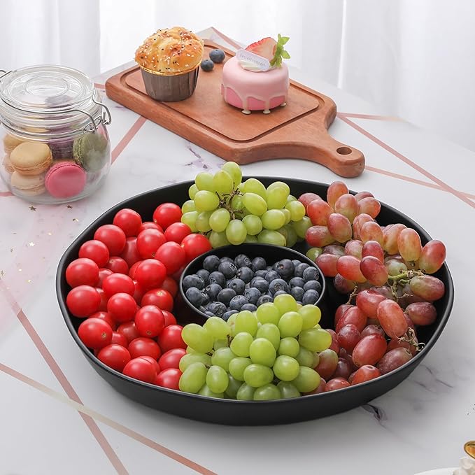 Chip & Dip Serving Set, 2 PCS Divided Cheeses Serving Platter, Relish Tray, Round Compartment Appetizer Set for Chips and Dip, Veggies, Candy and Snacks, Black, Set of 2