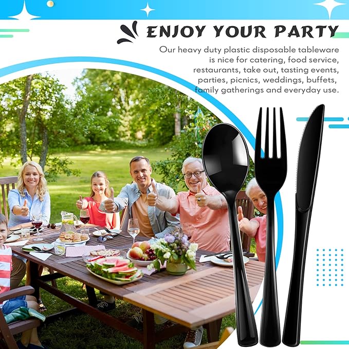 Minatee 150 Pieces Disposable Cutlery Set Plastic Silverware Heavy Duty Utensil Sets 50 Forks 50 Knives 50 Spoons for Home Office School Party Picnics Restaurant Outdoor Events(Black)