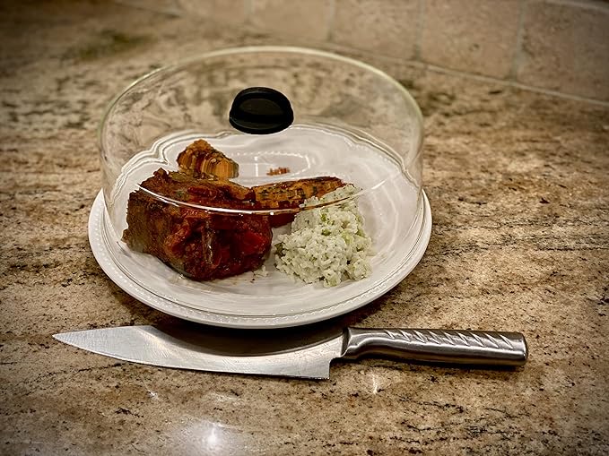Tall Microwave Tempered Borosilicate Glass Plate Cover with Black Easy-Grip Silicone Handle - Unvented to Steam Food -Microwaveable/Oven/Stove Safe - Black Silicone Handle for Safe Easy Grip