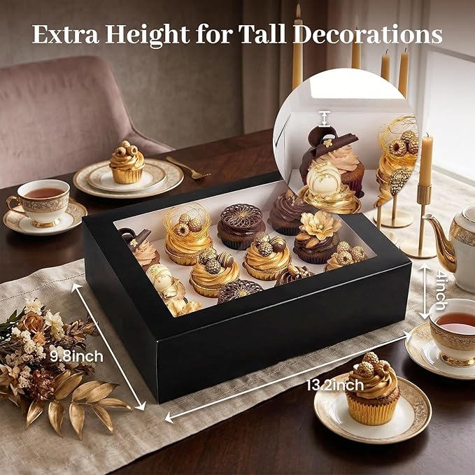 VGOODALL 12 Count Cupcake Boxes, 6PCS Cupcake Containers with Window Black Pastry Boxes for Birthday Holiday Party Bakery Supplies