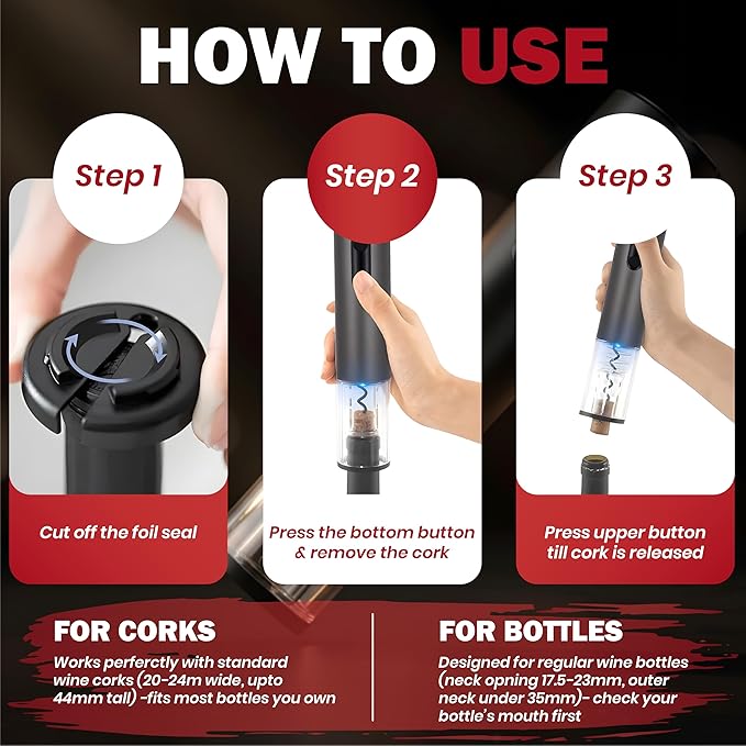 BLIVORRA-Electric Wine Opener Set – 5-in-1 Battery Operated Corkscrew with Foil Cutter, Wine Pourer, Stopper & Storage Stand – Great Gift for Wine Lovers (Matte Black)