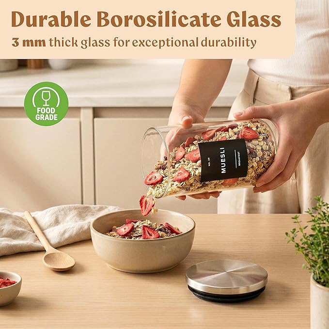EDELHAUS Glass Storage Containers with Stainless Steel Lids [Extra Thick Glas] with 54 Labels - Canister For Pantry Noodles Flour Cereal Rice Sugar Tea Coffee Beans - Round Set of 5x