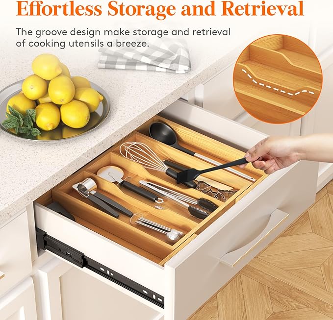 Lifewit Silverware Drawer Organizer, Expandable Cooking Utensil Tray, Adjustable Plastic Storage for Spoons Forks Knives, Large