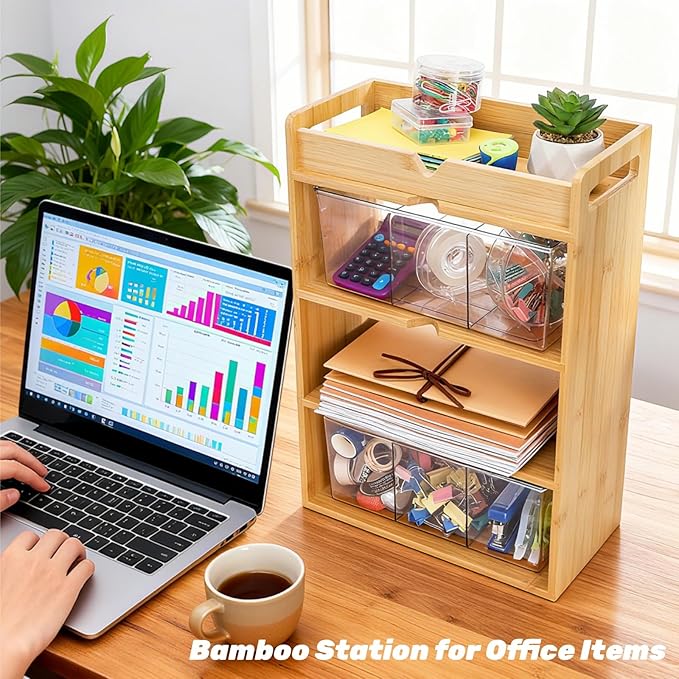 Tlence 4 Tier Bamboo Tea Bag Organizer, Vertical Wooden Tea Storage Box with Acrylic Drawer, Tea Storage Holder and Tea Station for Countertop Kitchen Office, 15.5" x 11" x 5.3"