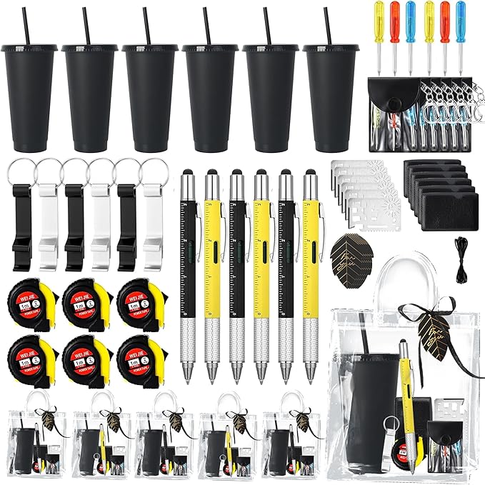 Baby Shower Prizes for Men - 6 Pack Complete Game Prize Set for Dad & Male Guests - Includes Survival Card Tool, Tape Measure, Bottle Opener Keychain, Plastic Cups, Pen, Screwdriver & Gift Bags