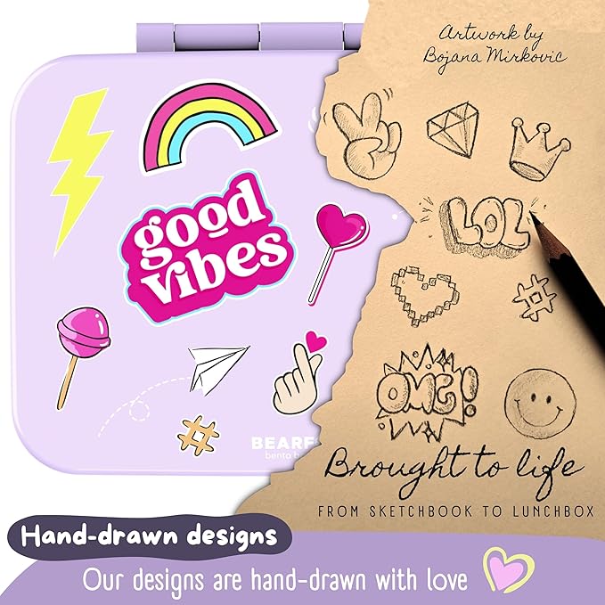 BEARFOOT Kids Lunch Box with Compartments – Compact & Lightweight | Leak-Proof, BPA-Free, Dishwasher & Microwave Safe | Hand-Drawn Design for Preschool, School, Travel (Sticker Purple, 2.75 Cups)