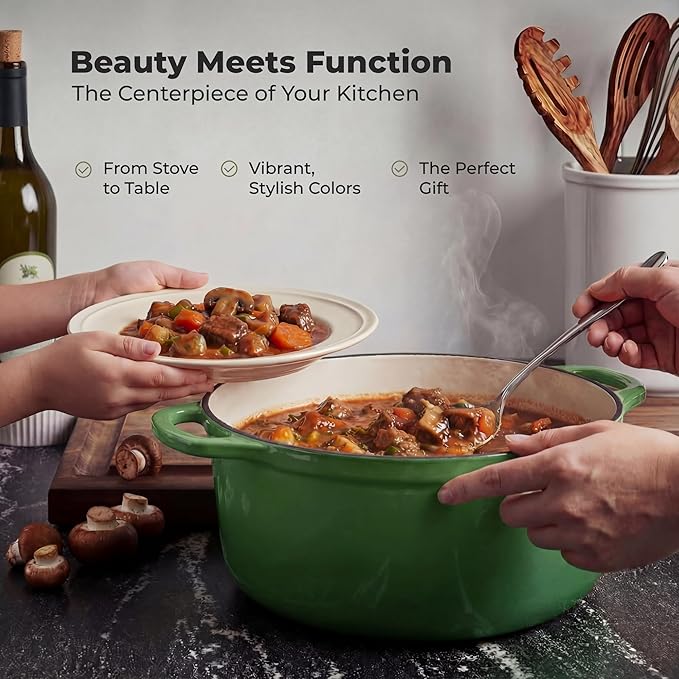Zulay Kitchen 5 Quart Enameled Cast Iron Dutch Oven Pot with Lid – Premium Durability & Oven Safe up to 500°F – Heavy Duty Cookware Perfect for Bread Baking, Stews, Braising & Roasting – Green