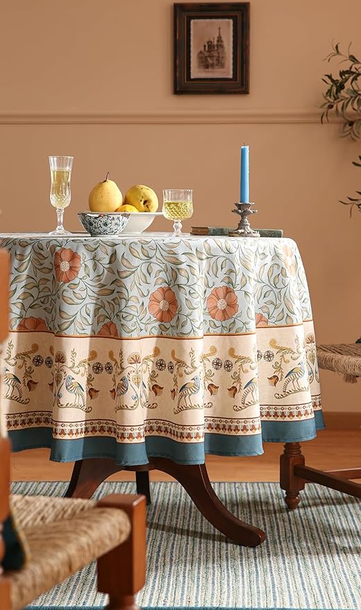 patdrea Designer French Linen Blue Round Table Cloth,Vintage Floral Tablecloth,Colorful Decoration Fall Table Cover Kitchen Dining for Tea Party,Thanksgiving,Christmas,Diameter 55"-Wensel