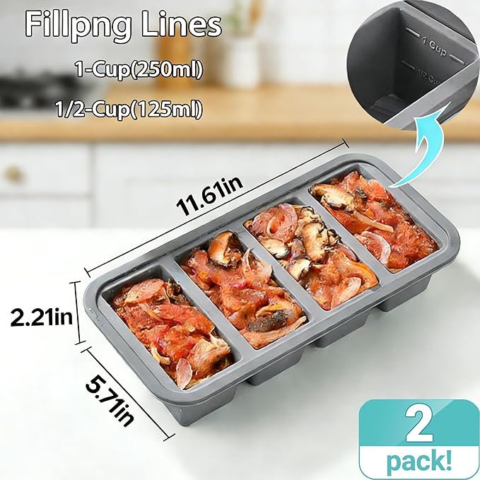 2 Pcs Large Ice Cube Tray With Lid, 1/2 Cup Silicone Freezer Molds for Soup Ice Cubes, Freezer Cubes for Food Storage Silicone，Meal Prep、Frozen Broth and Leftovers