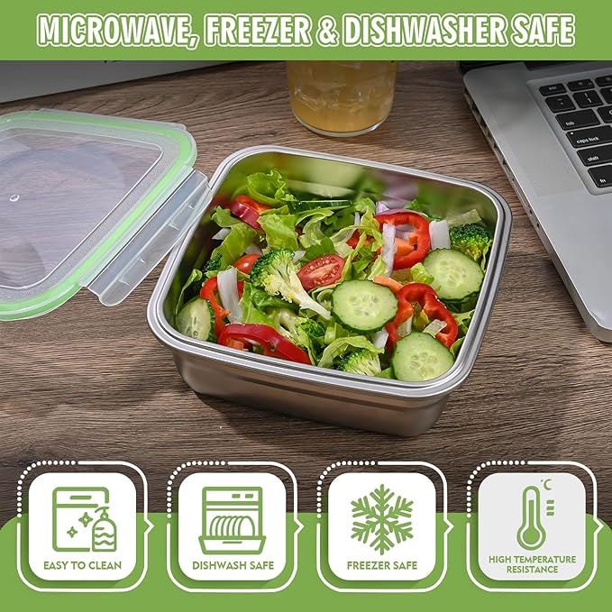 4 Pack Sandwich Containers, 40oz Stainless Steel Sandwich Box with Airtight Lids, Reusable Metal Meal Prep Lunch Boxes, BPA-Free, Dishwasher Safe, Large Capacity Food Storage Containers (Green)