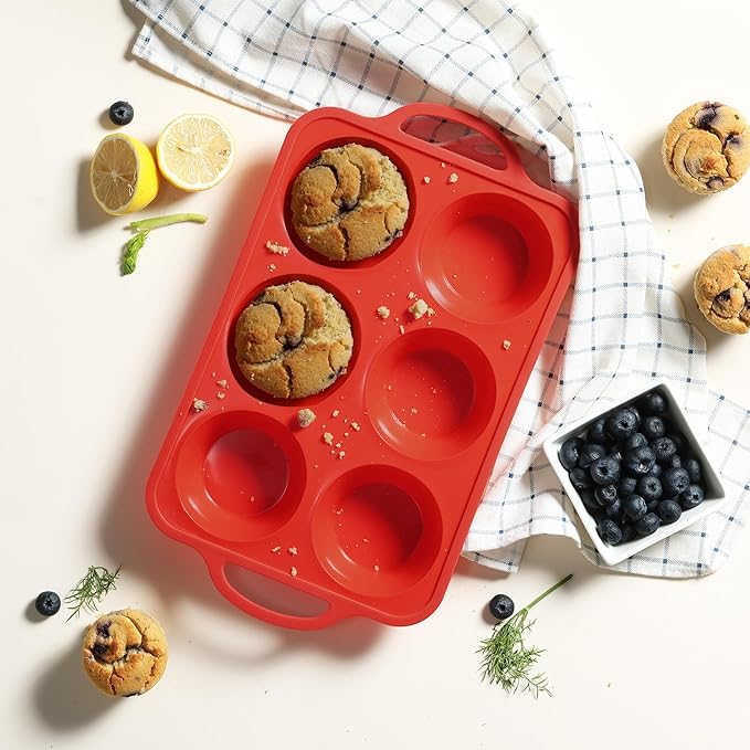 Socisen 2 Packs 6 Cups Silicone Muffin Pan with Metal Reinforced Frame Jumbo Size Cupcake Pan Tray Egg Bites Cookie Molds Muffin Tin Tart Pans Moldes De Silicona Para Gelatina Hornear Flan Chocoflan