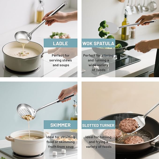 Pleafind Stainless Steel Cooking Utensils Set, 13 Pcs Heat Resistant Kitchen Utensils Set, Nonstick Kitchen Tools Set With Utensil Holder, Metal Spatula Set for Chef, Dishwasher Safe