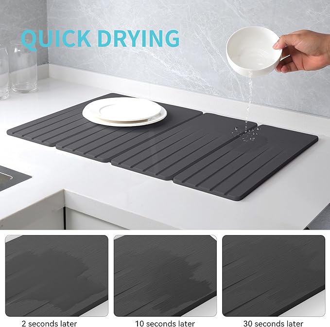 Extral Large Quick Dry Stone Drying Mat for Kitchen Counter,24x16 Inch Collapsible Eco-Friendly Absorbent Diatomaceous Earth Mat for Dishes Cups (Deep Gray-Upgraded Version, 24x16 inch)