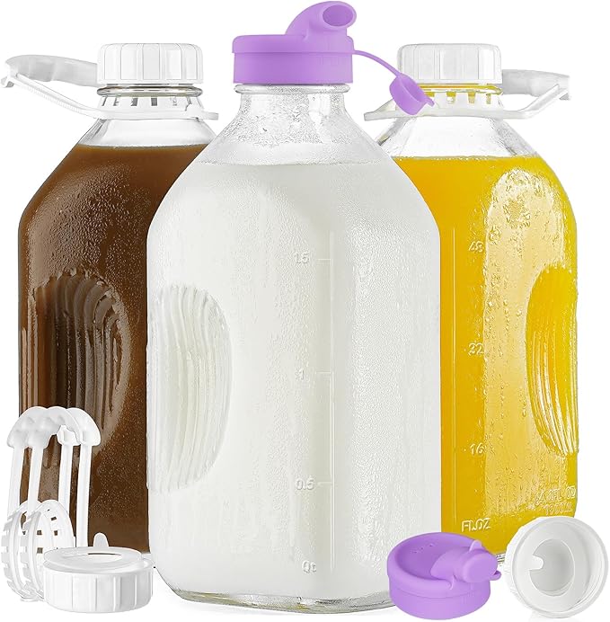 Ritayedet 3 Pack 64 Oz Heavy Duty Glass Milk Bottle with 2 Silicone Spouts, 4 Handles and 4 Reusable Airtight SCREW LIDS, 2 Qt Glass Water Bottle with 2 Exact Scale Lines - Milk & Juice Jug Pitcher