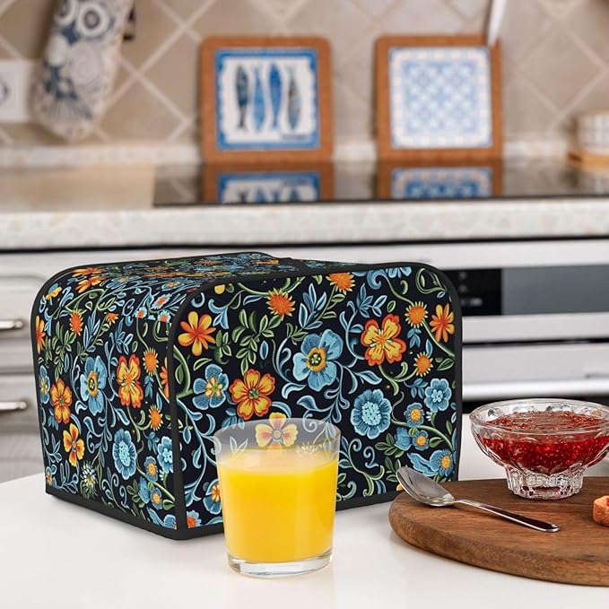 Blue Floral Covers for 4 Slice Toasters,Cute Country Bread Machine Cover with Handle,Washable Stain Resistant Kitchen Small Appliance Cover Dining Decor