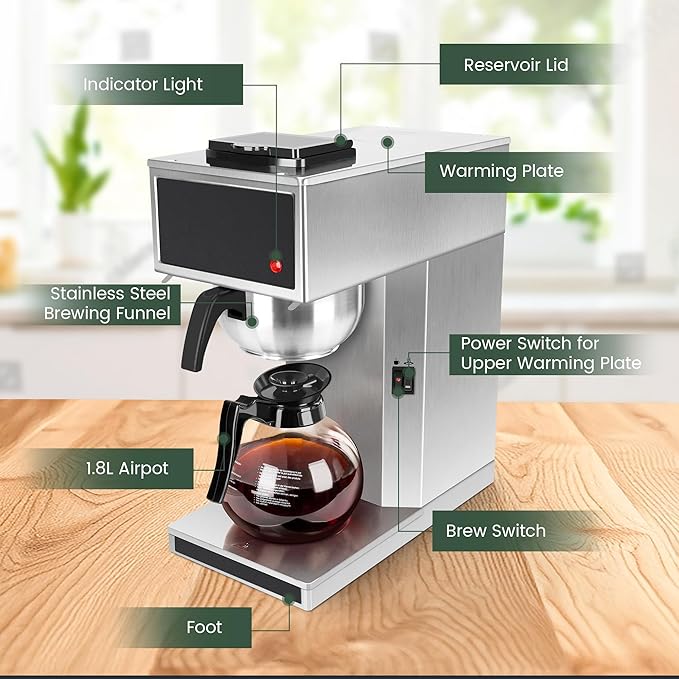 YUANHAO Commercial Coffee Maker 12-Cup with Dual Warmers, Pourover Stainless Steel Coffee Brewer Machine-120V, Compact Drip Coffee Maker for Office, Church, Break Room, Event Use