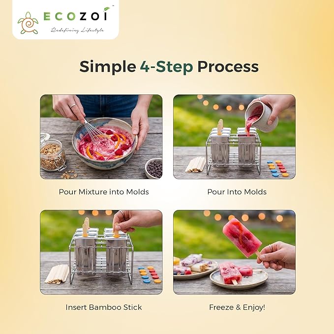 Ecozoi Stainless Steel Popsicle Molds and Rack - 6 Square Ice Pop Makers + 30 Reusable Bamboo Sticks + 12 Silicone Seals + 1 Cleaning Brush +1 Rack