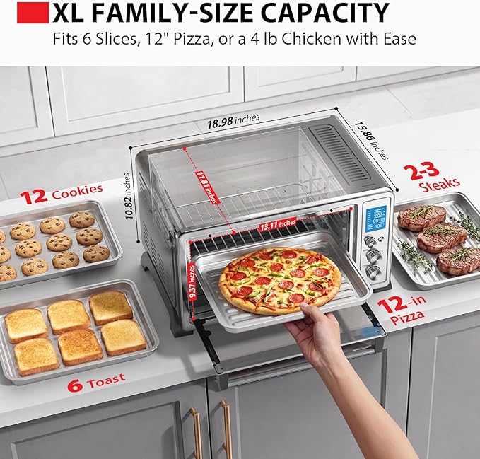TOSHIBA 10-in-1 Convection Toaster Oven, 6-Slice Countertop Oven, 1500W with Toast, Bake, Broil, Rotisserie & Pizza Functions, LCD Knob Controls, 6 Accessories, Stainless Steel