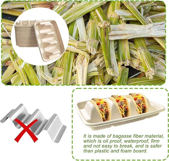 150PCS Disposable Taco Holder for Party，Disposable Taco Plates with 3 Dividers Disposable Taco Holders for Party, Taco Tray Holder, Pulp Fiber Plates Disposable for Taco Tuesday Lazy Susan Taco Bar