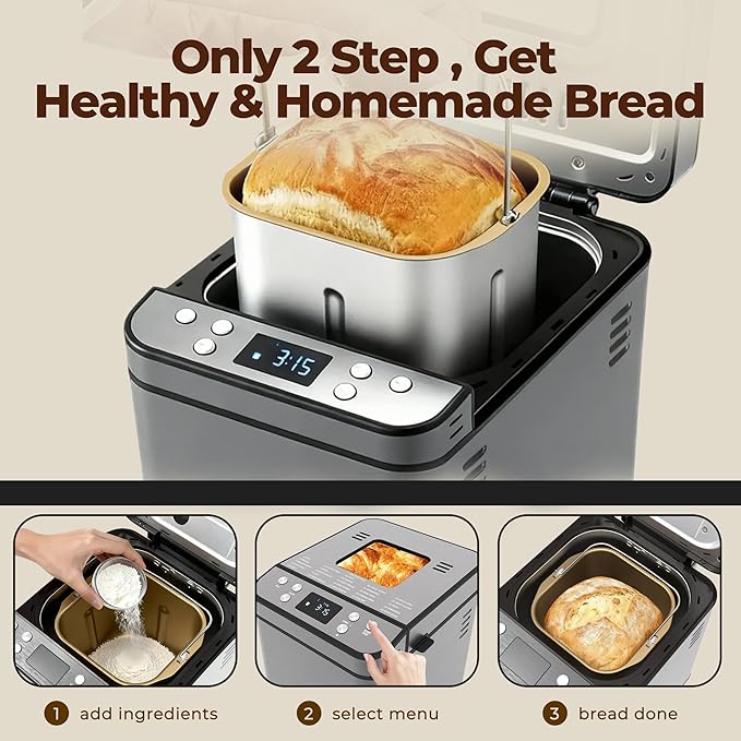 Rosewill 25-in-1 Automatic Bread Maker Machine with 3 Loaf Size up to 2 Lb, 700W High Power Dual Heater Bread Maker with BPA-free Nonstick Coating Pan, Max 15 Hours Delay Timer, Low Noise - Gray