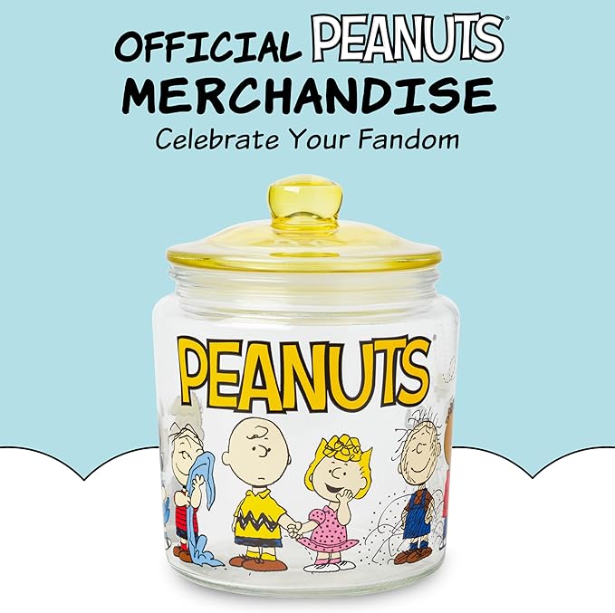 Silver Buffalo Peanuts Squad Featuring Charlie Brown, Snoopy, Schroeder, Lucy, Linus, Sally, Pigpen, Woodstock, and Franklin Glass Cookie Snack Candy Jar with Lid (Small)