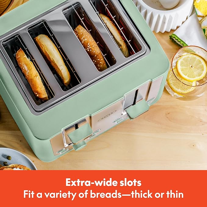 BELLA 4 Slice Toaster with Auto Shut Off - Extra Wide Slots & Removable Crumb Tray and Cancel, Defrost & Reheat Function - Toast Bread & Bagel, Sage