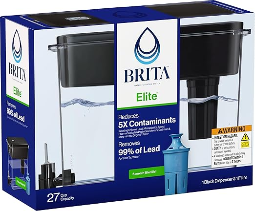 Brita 27 Cup Elite Filter Dispenser, Reduces 30+ Contaminants including Lead and Microplastics, Filter lasts 6 months, UltraMax, Black