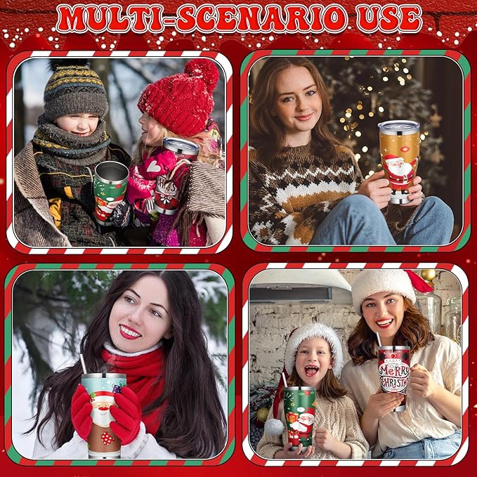 Mifoci 4 Pcs 30 oz Christmas Tumbler with Lid and Straw Stainless Steel Christmas Mug Double Insulated Cup Insulated Coffee Tumbler with Straw Brush for Holiday Coworkers Women Gifts(Style 3)