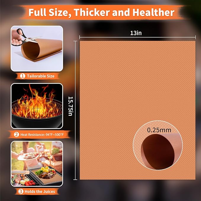 WIBIMEN Grill Mats for Outdoor Grill, Copper 7pcs Grill Mat, 100% Non-Stick PFOA Free 15.75 x 13, Heavy Duty, Reusable and Easy to Clean - Gas Charcoal & Electric BBQ