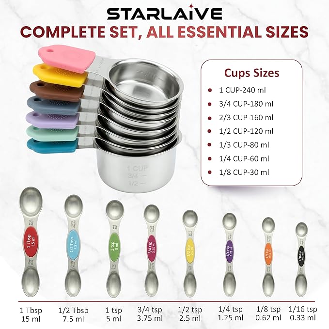 16-Pcs Measuring Cups & Magnetic Spoons Set with Leveler, Food-Grade Stainless Steel, Stackable Design, Silicone Handles, Precise Metal Measuring Cups and Spoons Set for Cooking & Baking (Multicolor)