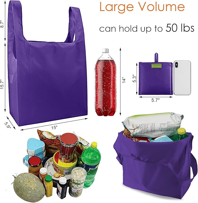 BeeGreen Purple Reusable Grocery Bags Wholesale Purple Reusable Kitchen Bags Bulk Foldable-Machine Washable with Zipper Storage Pouch 20 Packs