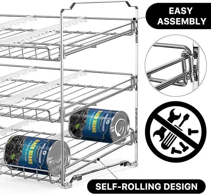 Simple Houseware Stackable Can Organizer Rack for Pantry/Cabinet – 11.5" D x 17" W x 13.75" H, Holds 36 Cans, 3-Tier Can Food Storage Dispenser, Chrome